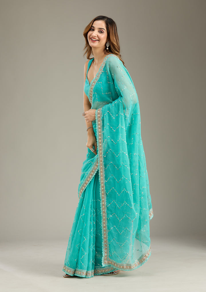 Sea Green Tissue Gold Stonework Saree With Matching Blouse Piece