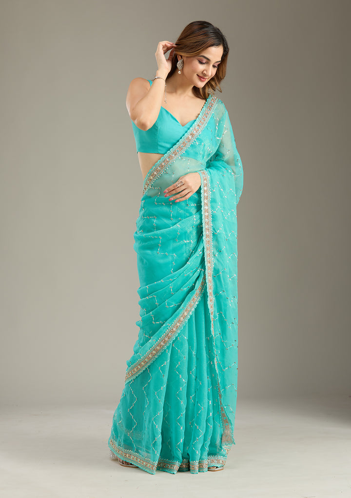 Sea Green Tissue Gold Stonework Saree With Matching Blouse Piece