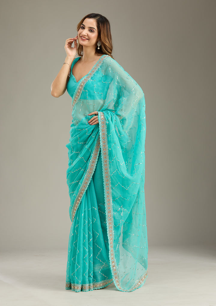Sea Green Tissue Gold Stonework Saree With Matching Blouse Piece