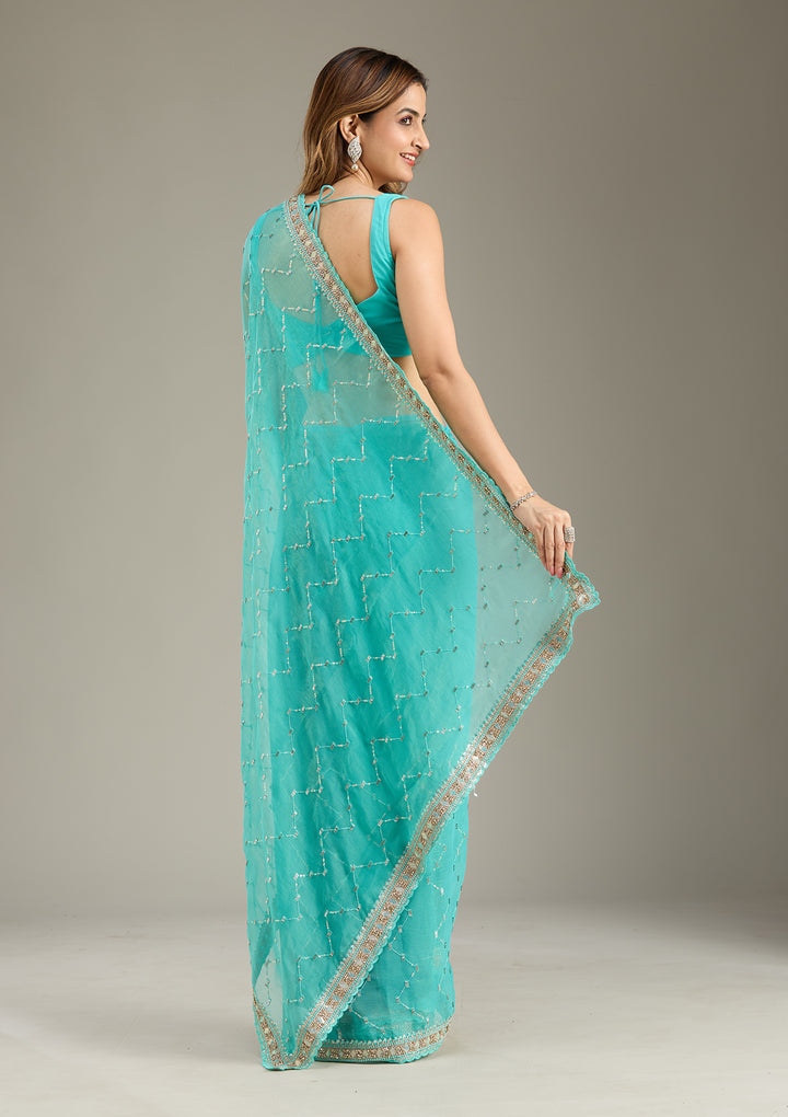 Sea Green Tissue Gold Stonework Saree With Matching Blouse Piece