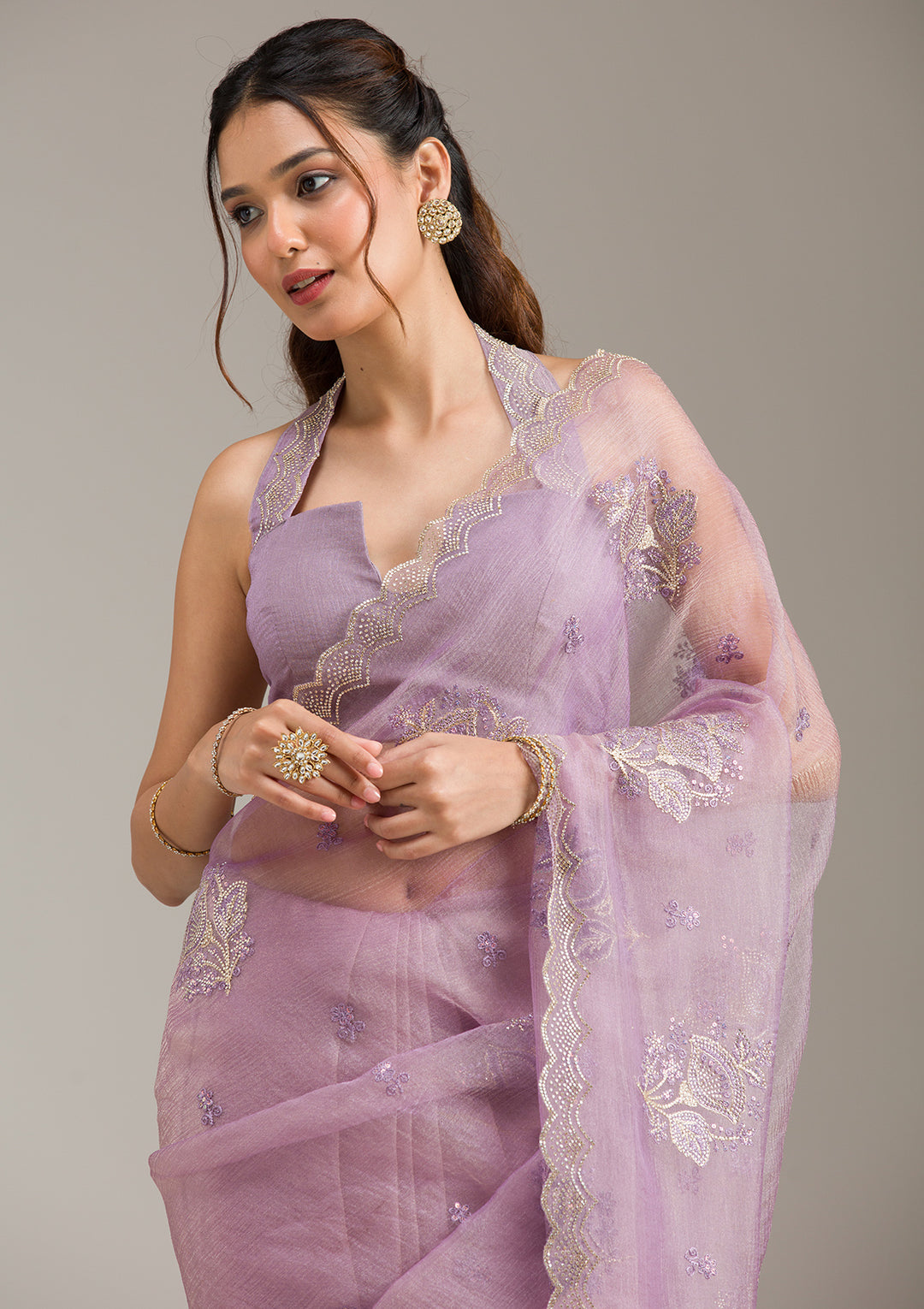 Lavender Stonework (Gold) Tissue Saree