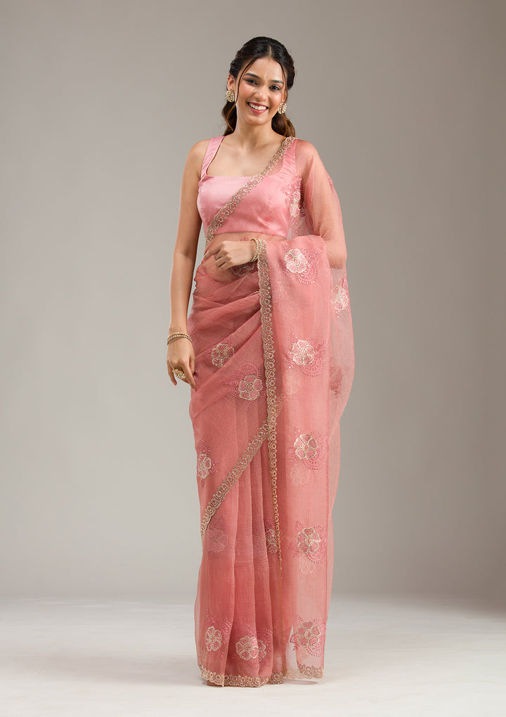 Peach Stonework (Gold) Tissue Saree
