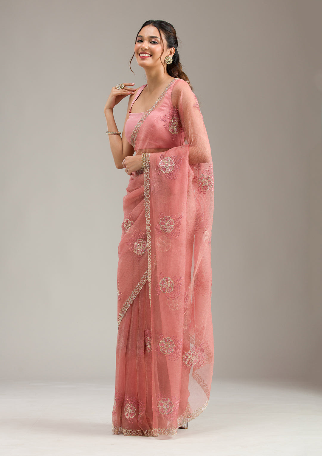Peach Stonework (Gold) Tissue Saree