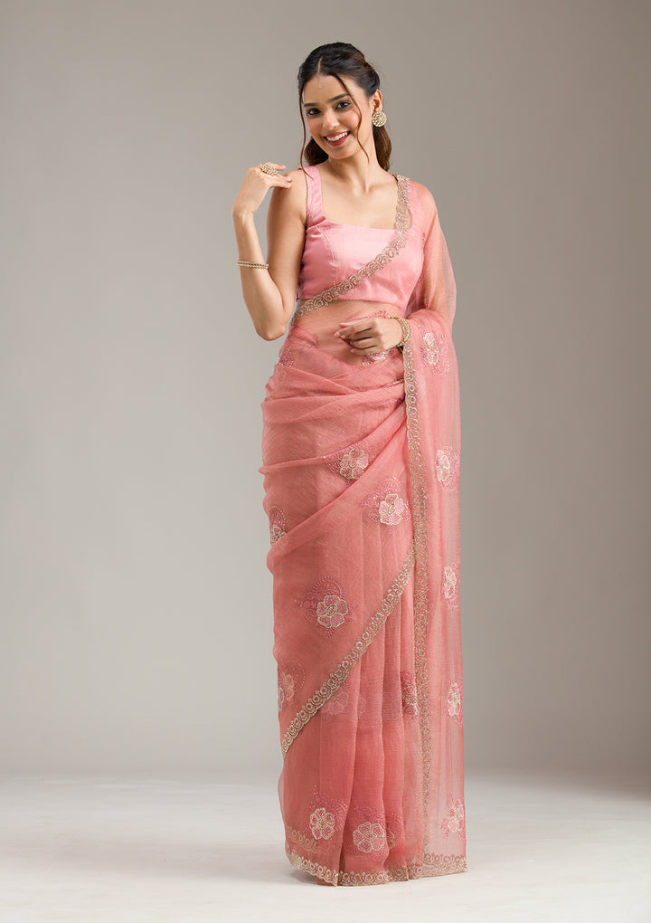 Peach Stonework (Gold) Tissue Saree