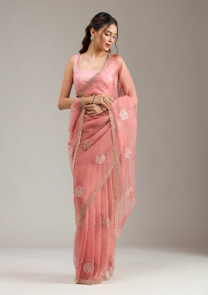 Peach Stonework (Gold) Tissue Saree