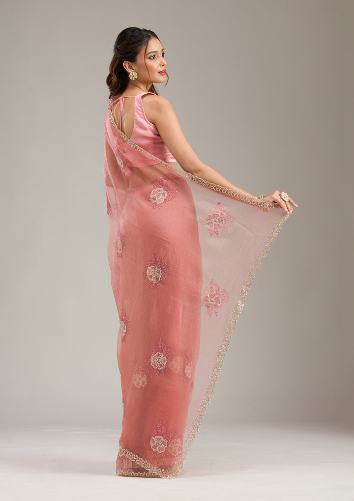 Peach Stonework (Gold) Tissue Saree