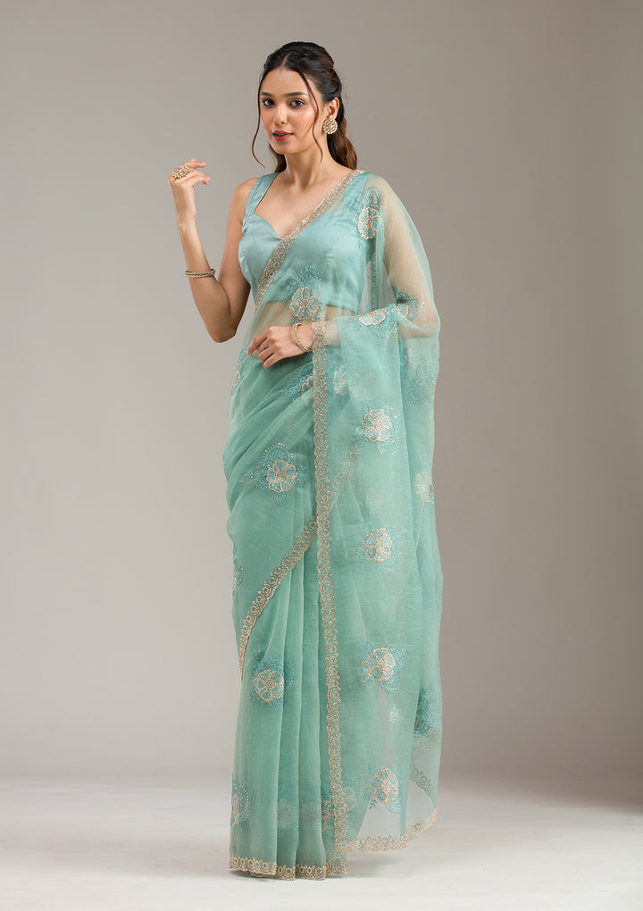 Sea Green Tissue Gold Stonework Saree With Matching Blouse Piece