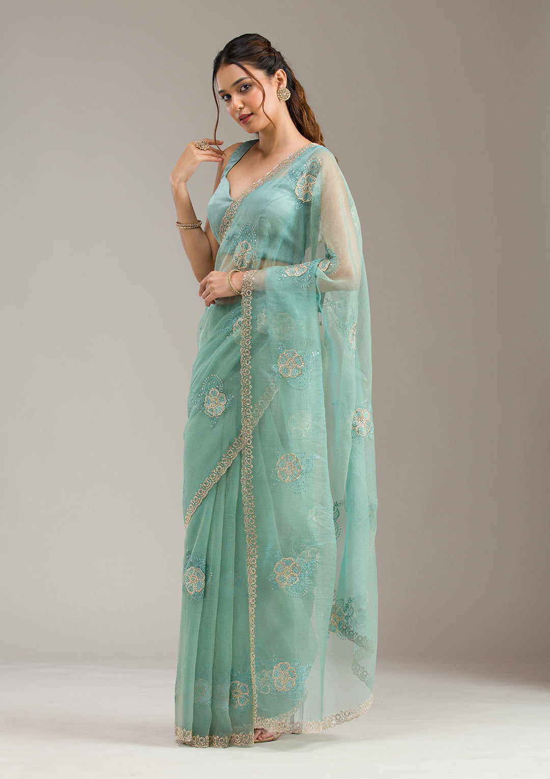 Sea Green Tissue Gold Stonework Saree With Matching Blouse Piece