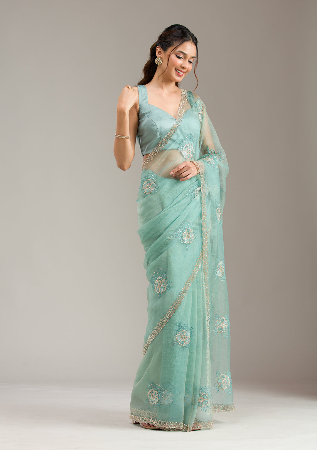 Sea Green Tissue Gold Stonework Saree With Matching Blouse Piece