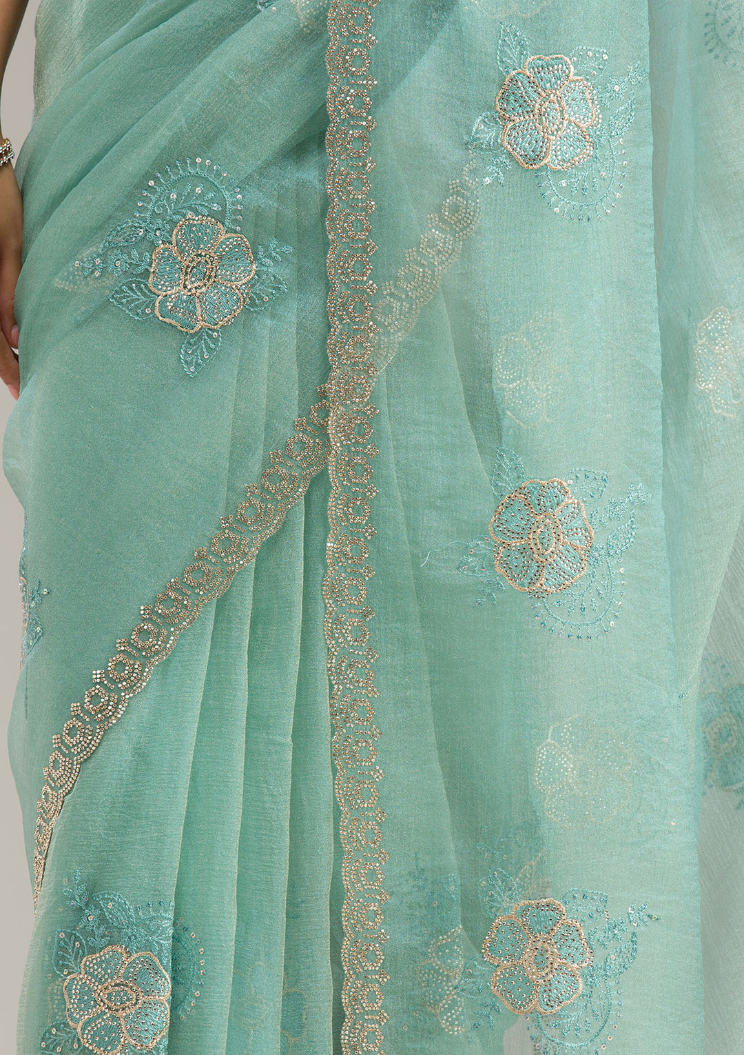 Sea Green Tissue Gold Stonework Saree With Matching Blouse Piece