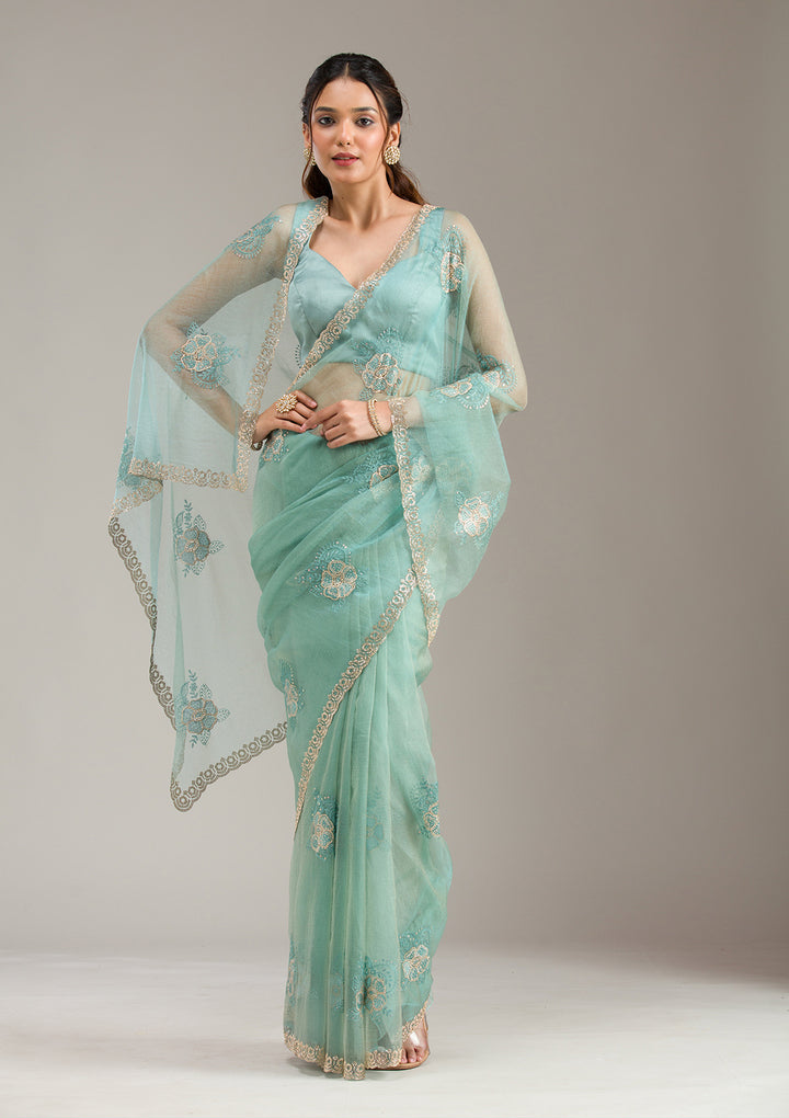 Sea Green Tissue Gold Stonework Saree With Matching Blouse Piece