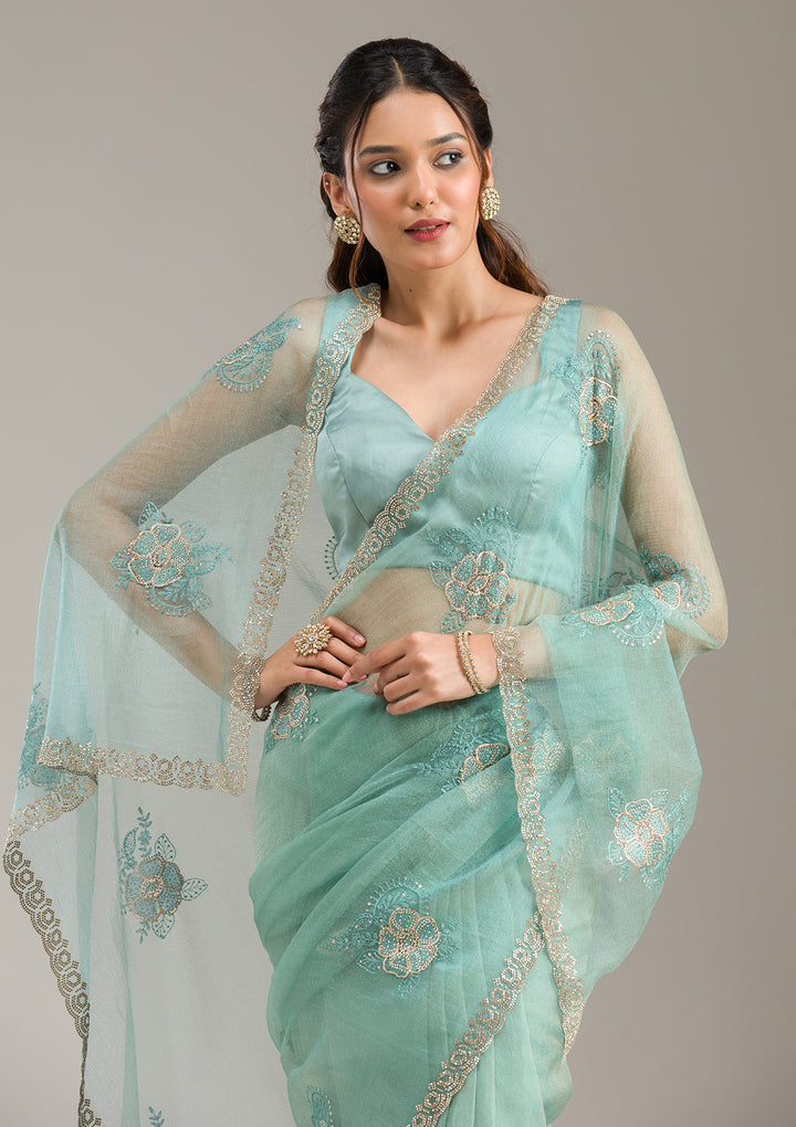 Sea Green Tissue Gold Stonework Saree With Matching Blouse Piece