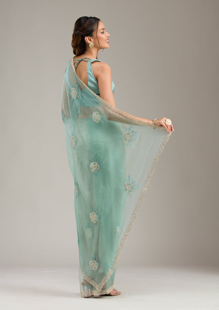 Sea Green Tissue Gold Stonework Saree With Matching Blouse Piece