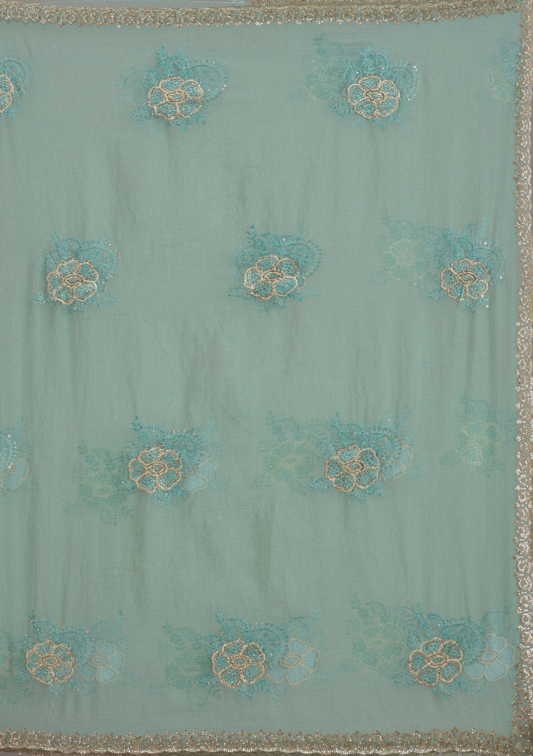 Sea Green Tissue Gold Stonework Saree With Matching Blouse Piece