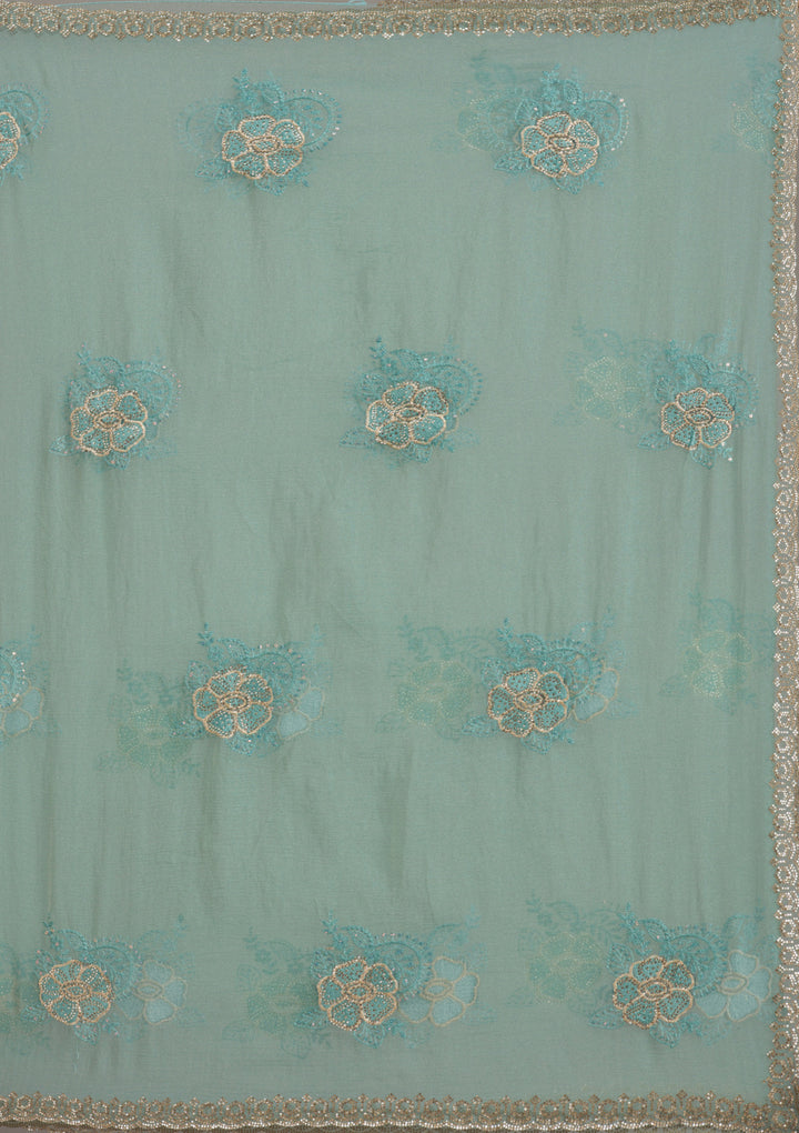 Sea Green Tissue Gold Stonework Saree With Matching Blouse Piece