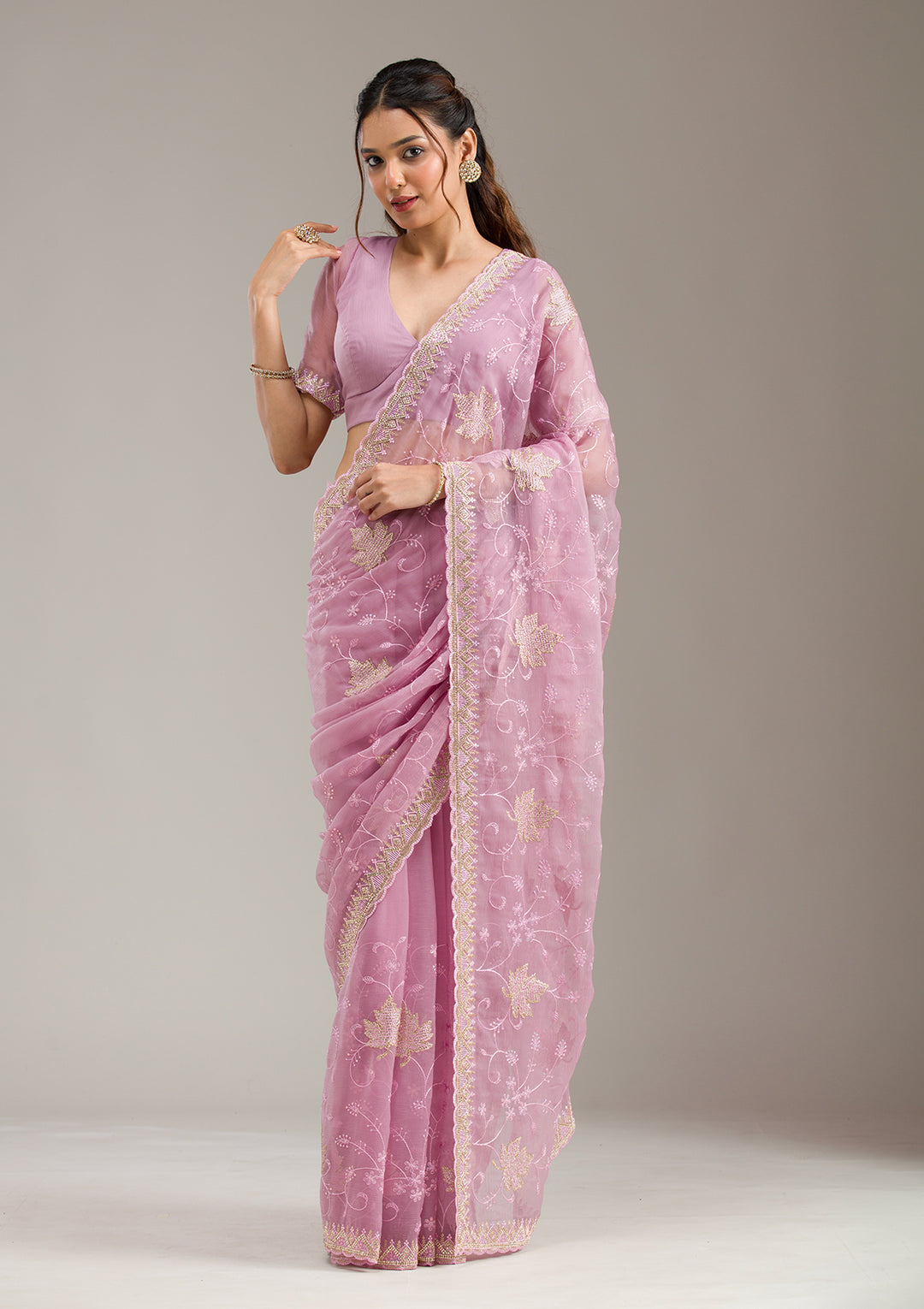 Lavender Chiffon Threadwork Saree With Matching Blouse Piece