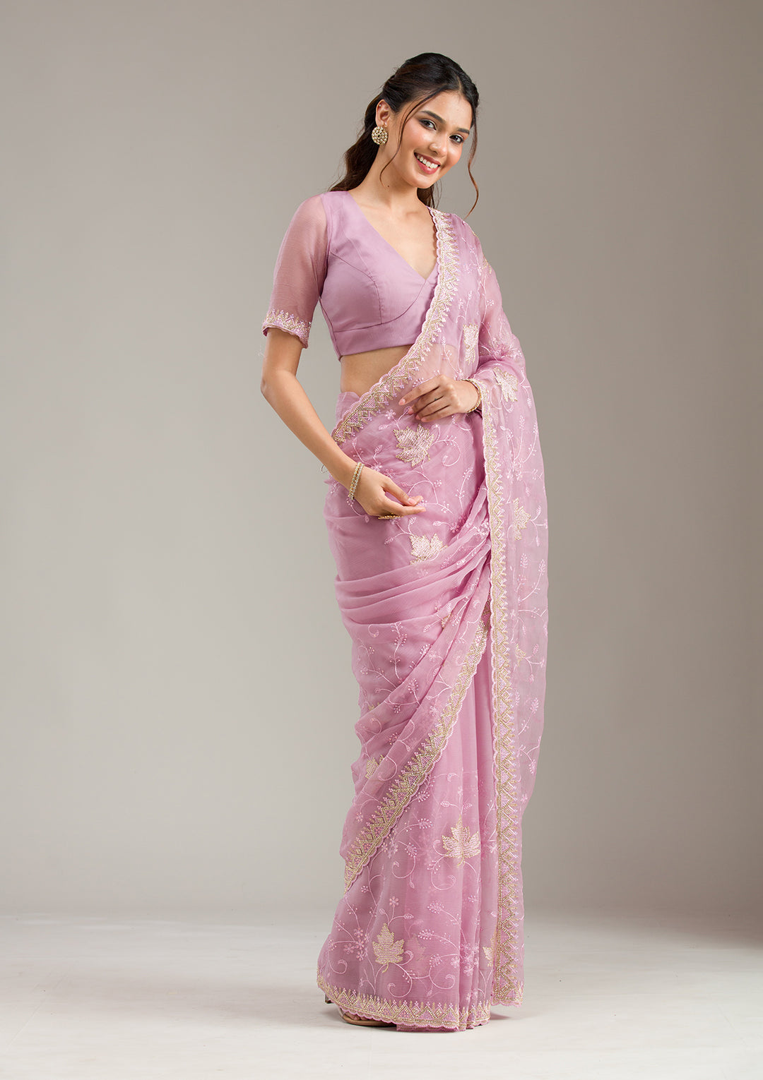 Lavender Chiffon Threadwork Saree With Matching Blouse Piece