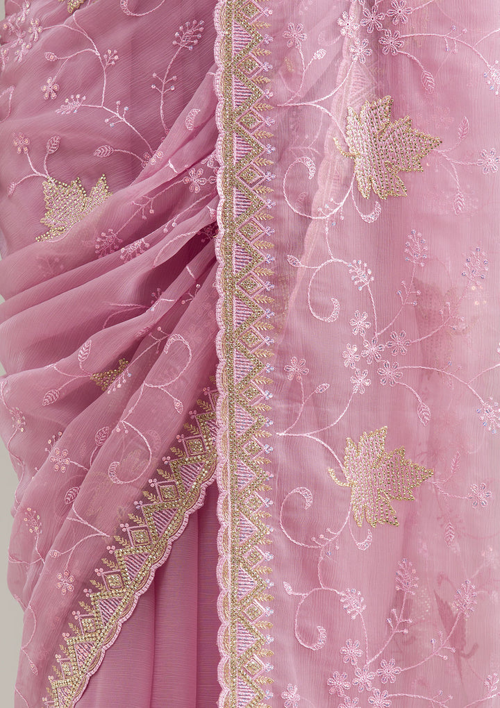 Lavender Chiffon Threadwork Saree With Matching Blouse Piece