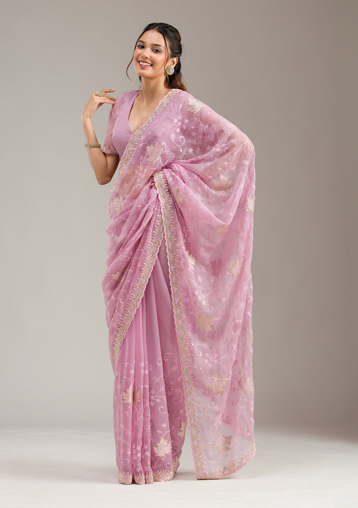 Lavender Chiffon Threadwork Saree With Matching Blouse Piece