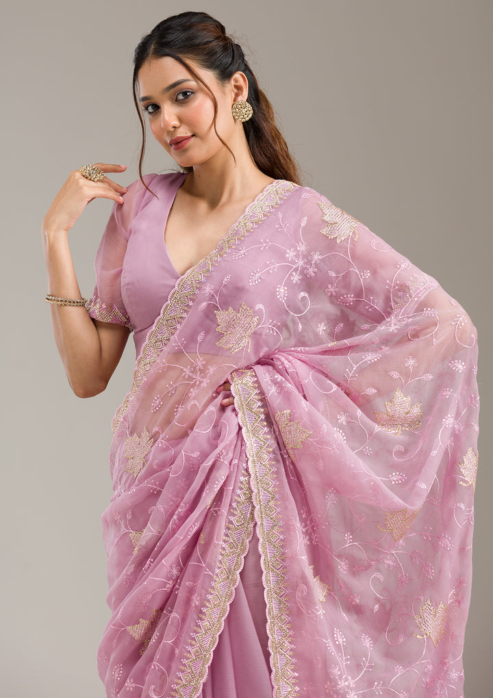 Lavender Chiffon Threadwork Saree With Matching Blouse Piece