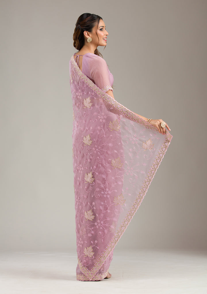 Lavender Chiffon Threadwork Saree With Matching Blouse Piece