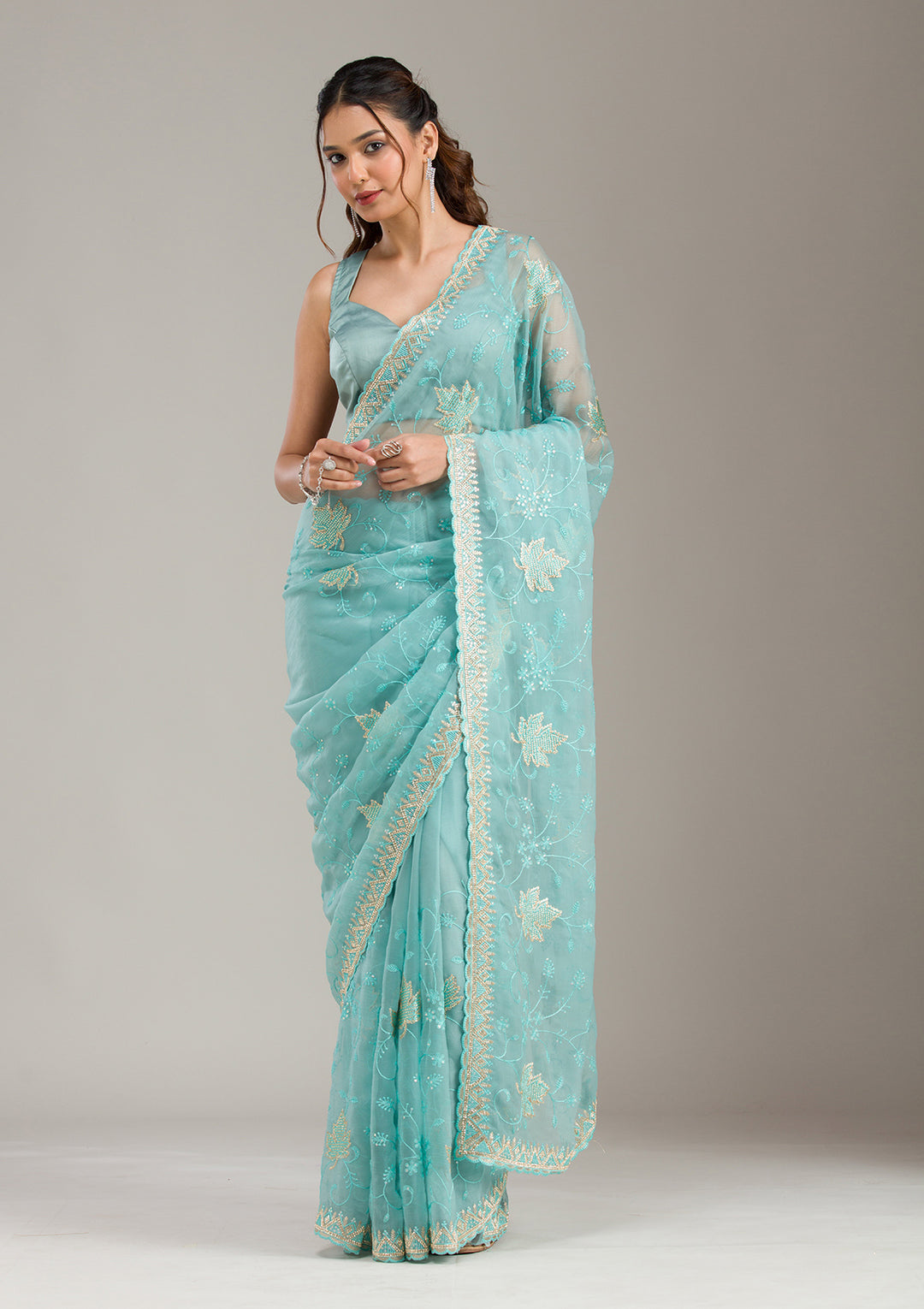 Sky Blue Chiffon Threadwork Saree With Matching Blouse Piece