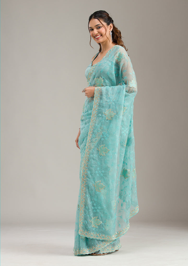 Sky Blue Chiffon Threadwork Saree With Matching Blouse Piece
