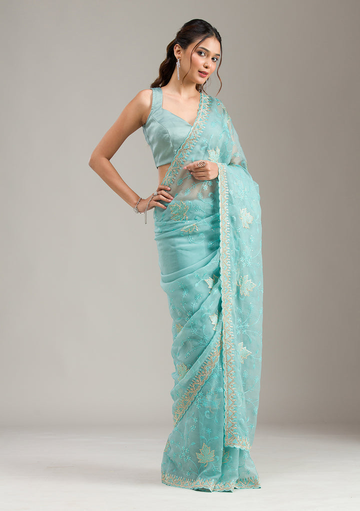 Sky Blue Chiffon Threadwork Saree With Matching Blouse Piece
