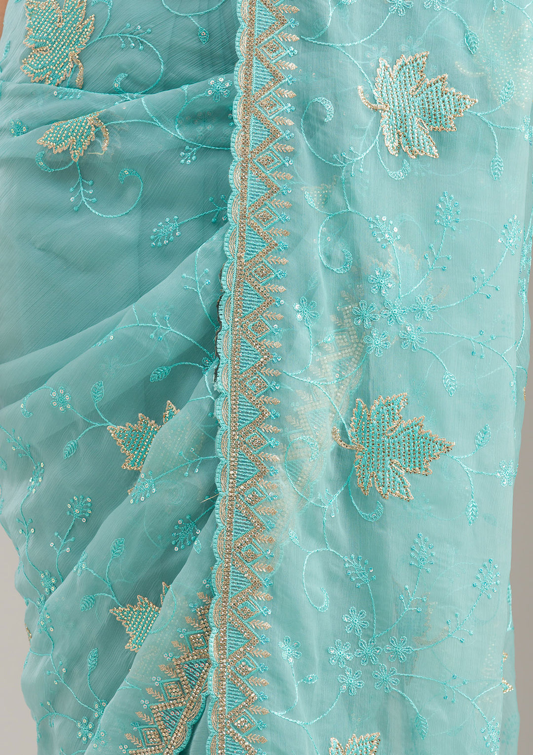 Sky Blue Chiffon Threadwork Saree With Matching Blouse Piece