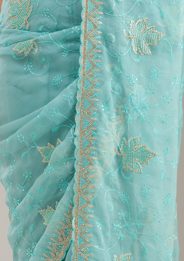 Sky Blue Chiffon Threadwork Saree With Matching Blouse Piece