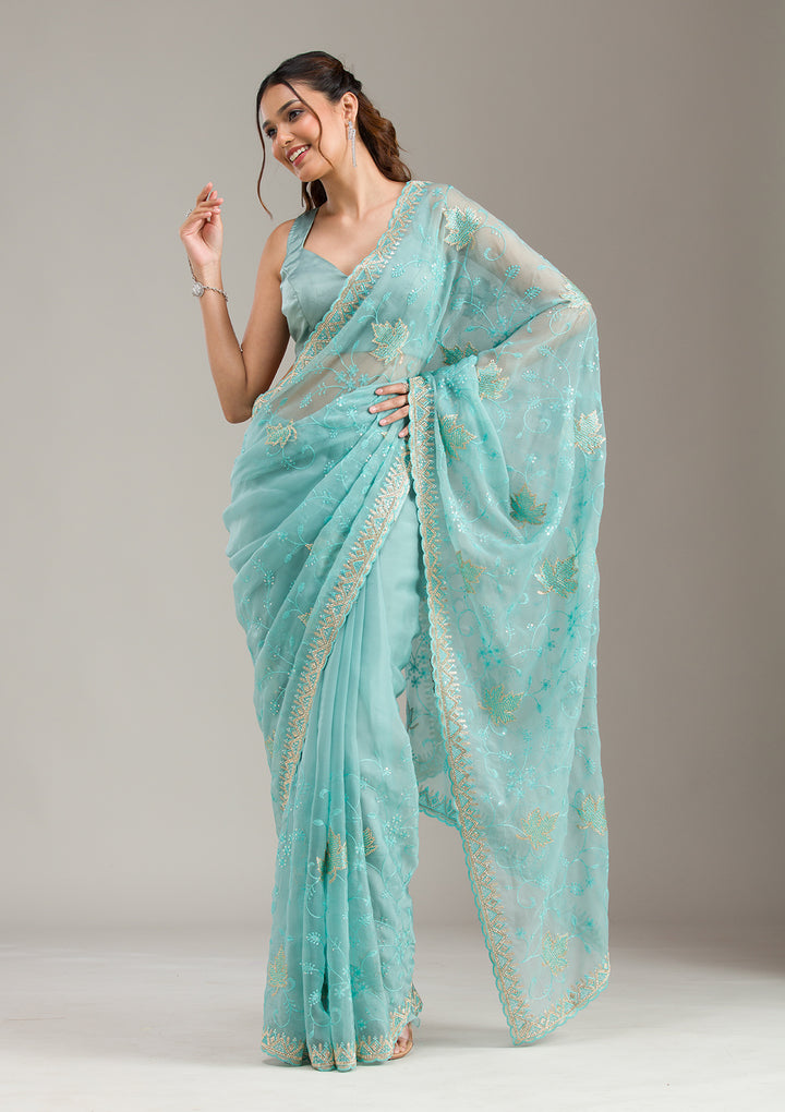 Sky Blue Chiffon Threadwork Saree With Matching Blouse Piece