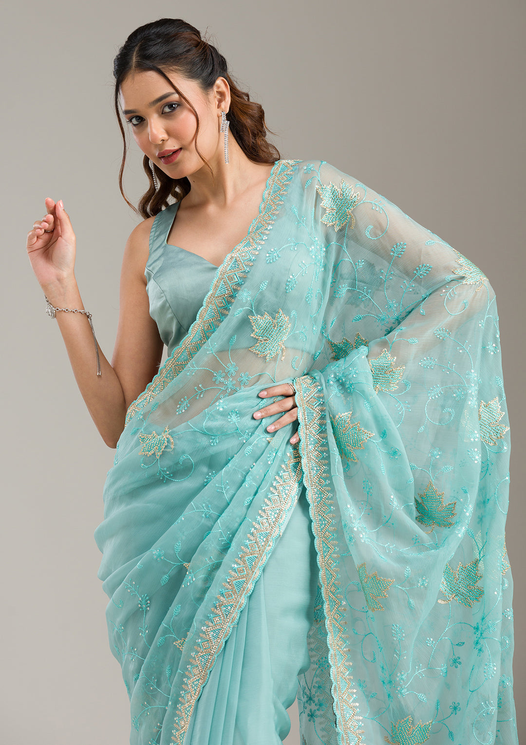 Sky Blue Chiffon Threadwork Saree With Matching Blouse Piece