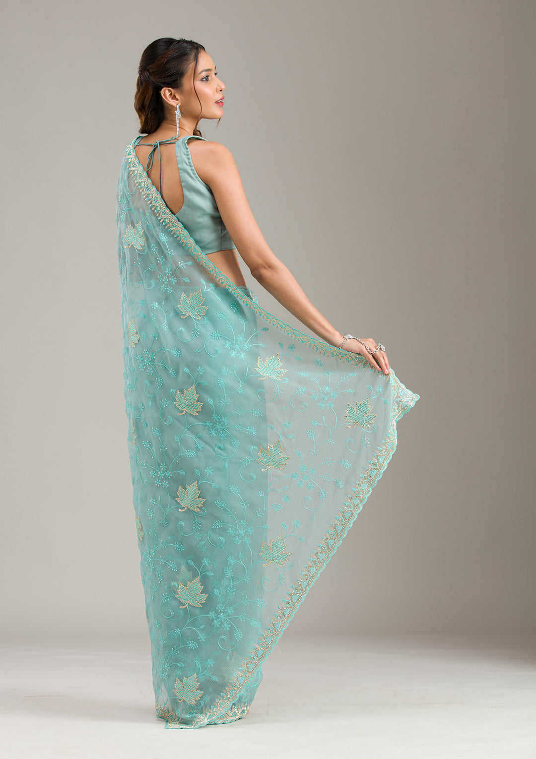 Sky Blue Chiffon Threadwork Saree With Matching Blouse Piece