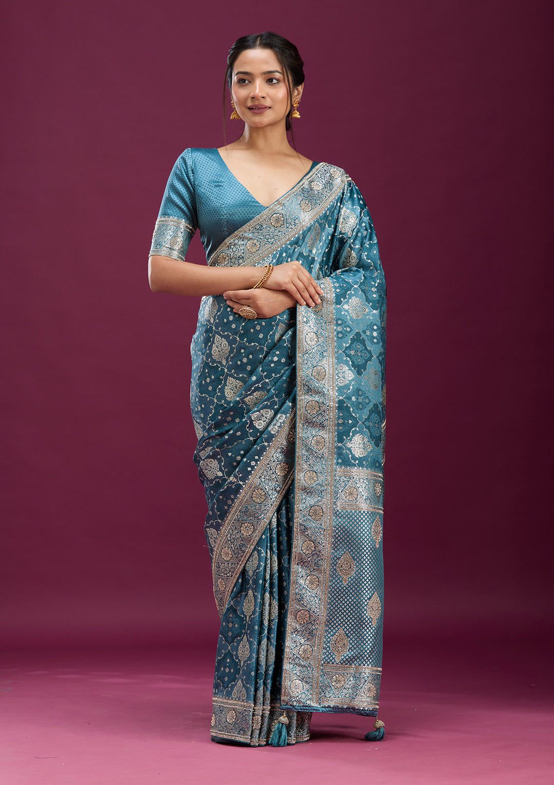 Grey Silk Jaal Stonework Saree With Matching Blouse Piece