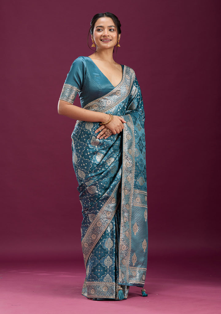 Grey Silk Jaal Stonework Saree With Matching Blouse Piece