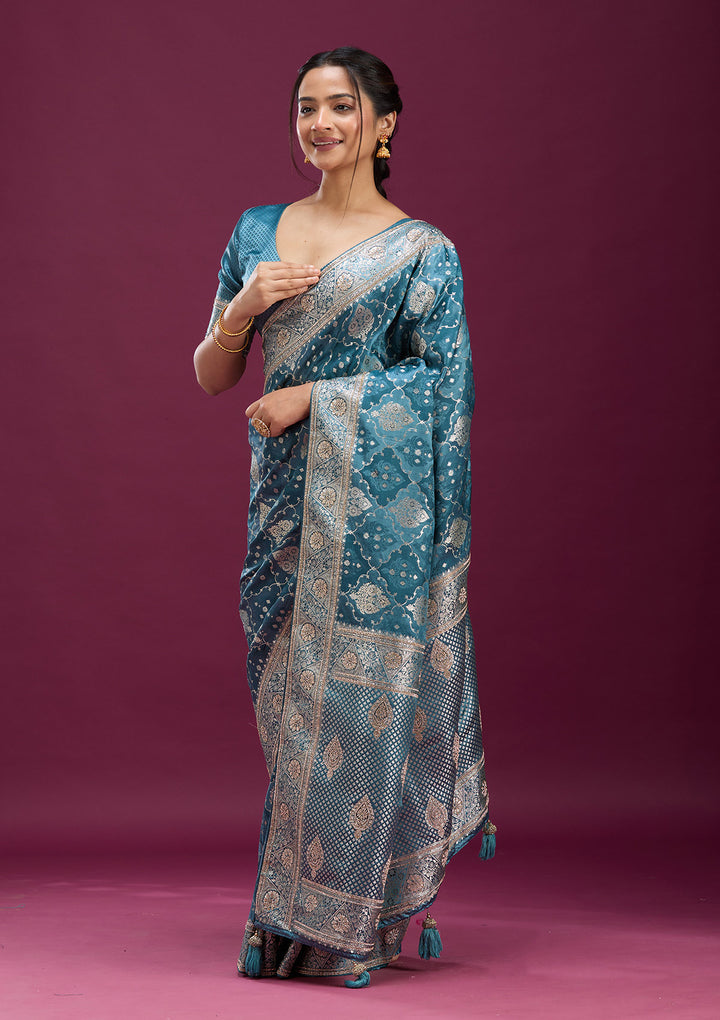 Grey Silk Jaal Stonework Saree With Matching Blouse Piece