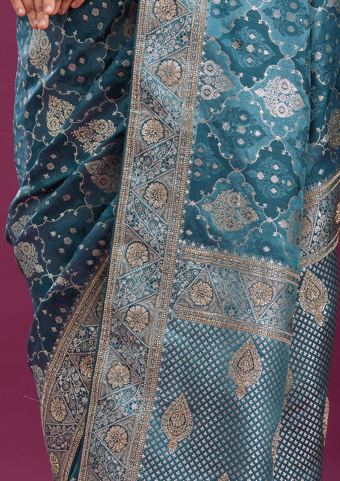 Grey Silk Jaal Stonework Saree With Matching Blouse Piece