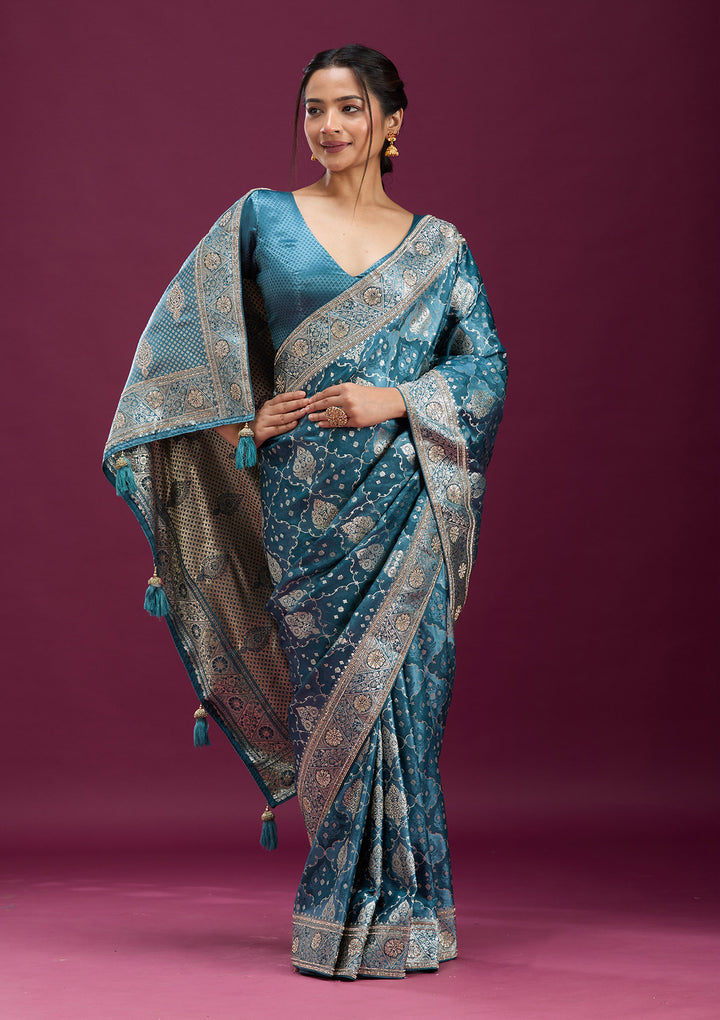 Grey Silk Jaal Stonework Saree With Matching Blouse Piece