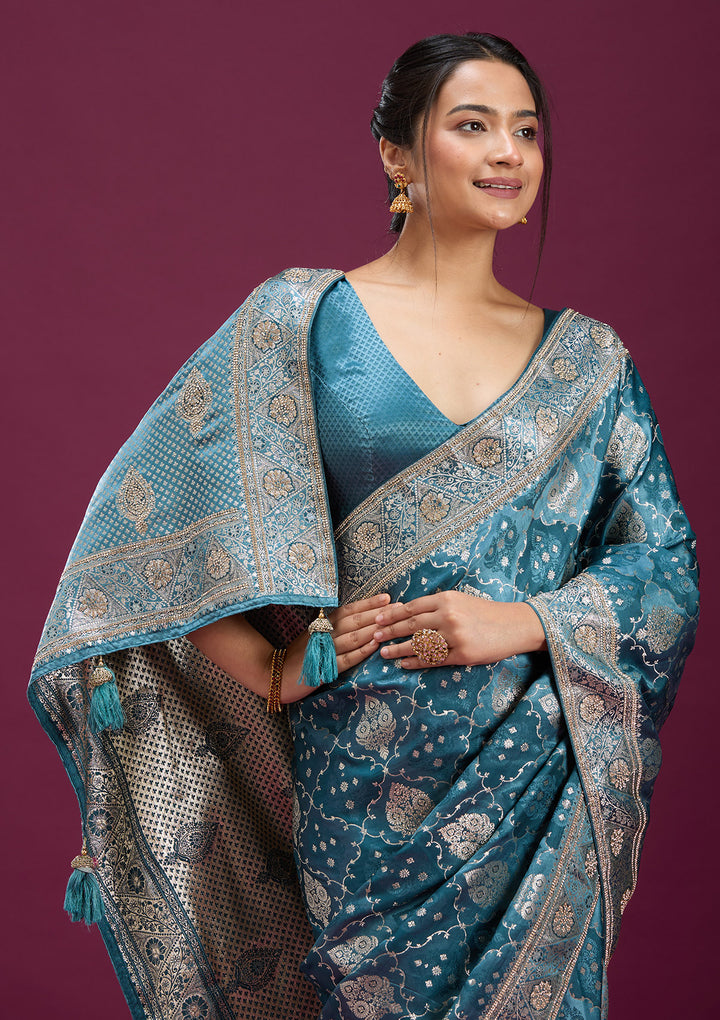 Grey Silk Jaal Stonework Saree With Matching Blouse Piece