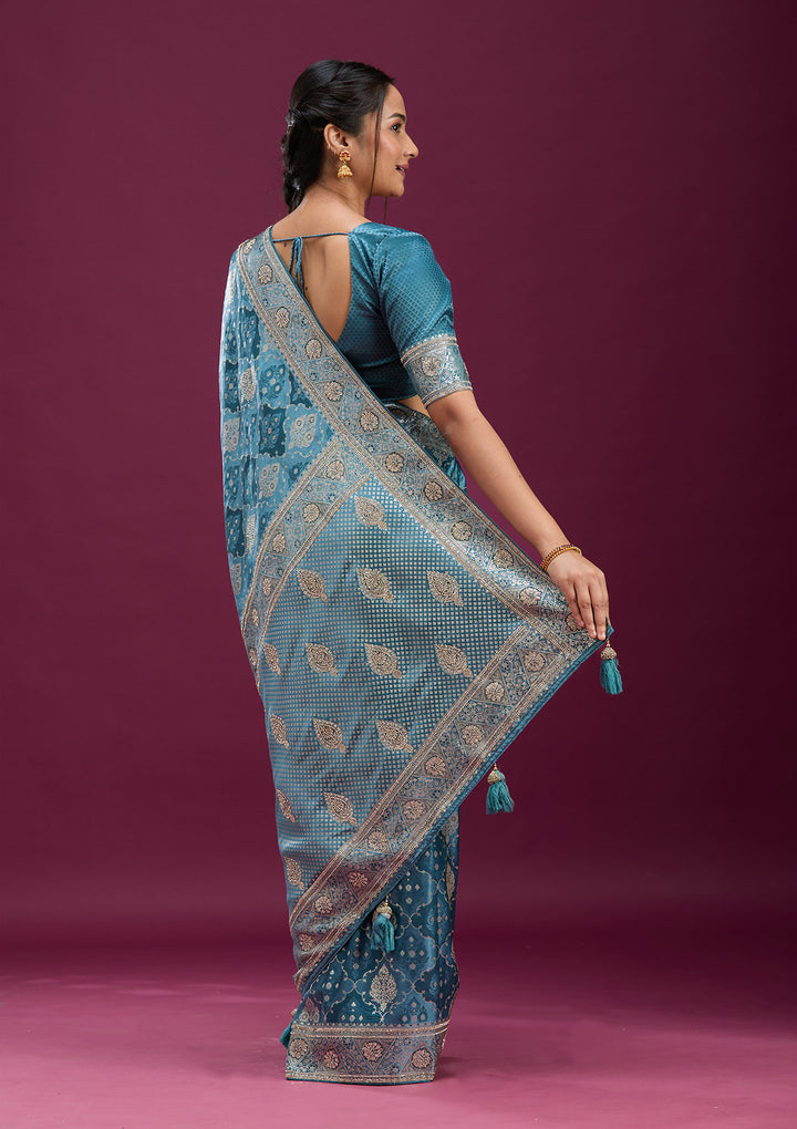 Grey Silk Jaal Stonework Saree With Matching Blouse Piece