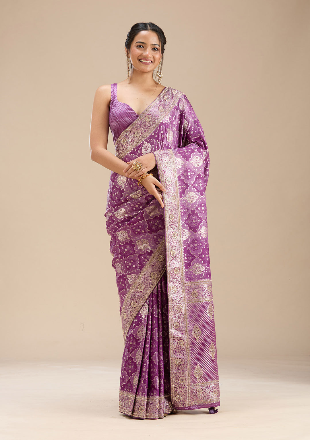 Purple Silk Jaal Stonework Saree With Matching Blouse Piece