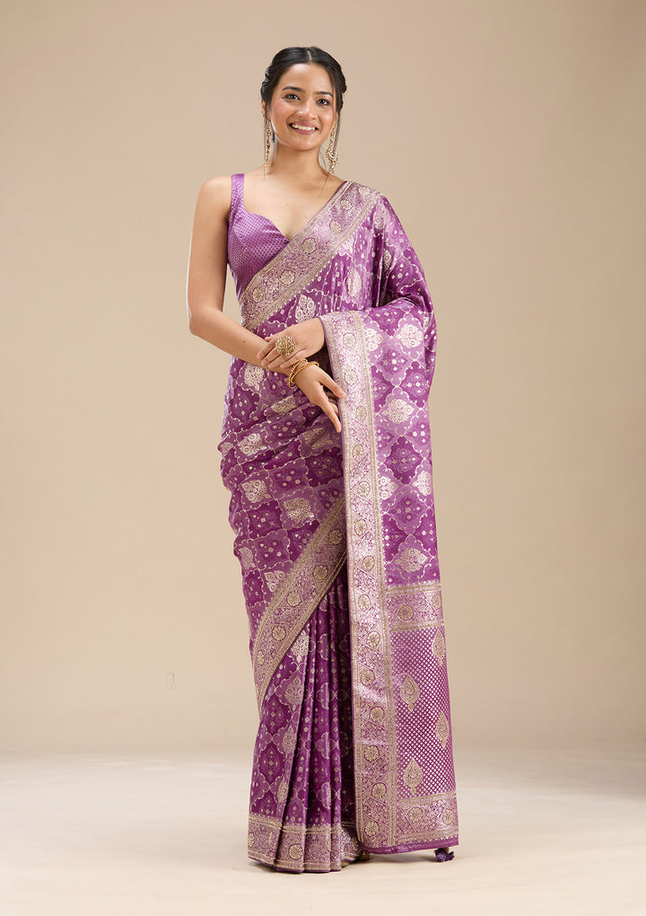 Purple Silk Jaal Stonework Saree With Matching Blouse Piece