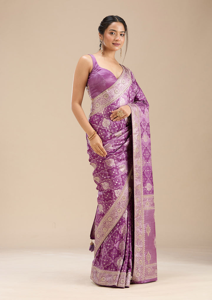 Purple Silk Jaal Stonework Saree With Matching Blouse Piece