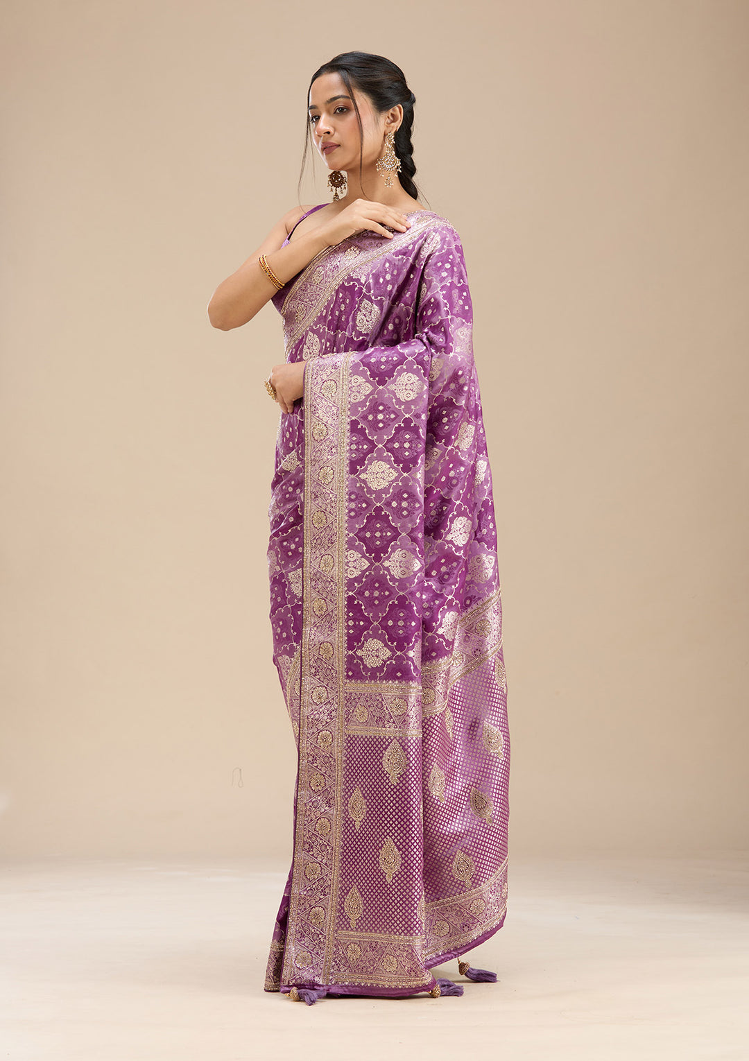 Purple Silk Jaal Stonework Saree With Matching Blouse Piece