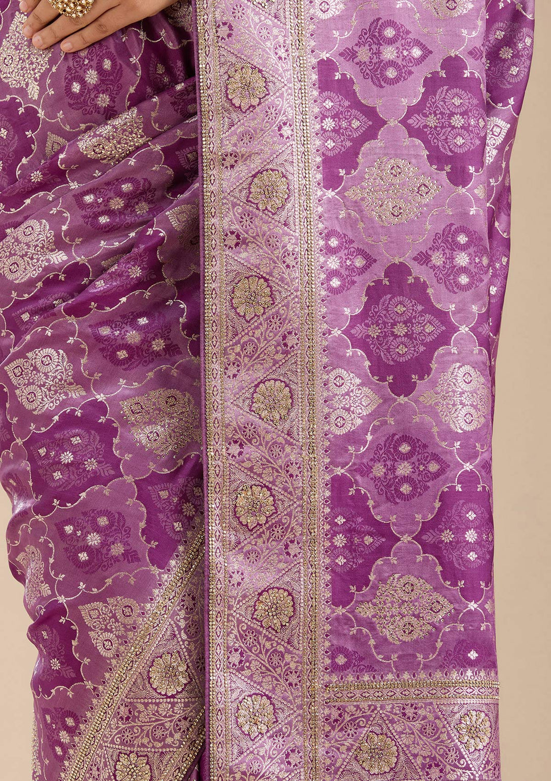 Purple Silk Jaal Stonework Saree With Matching Blouse Piece
