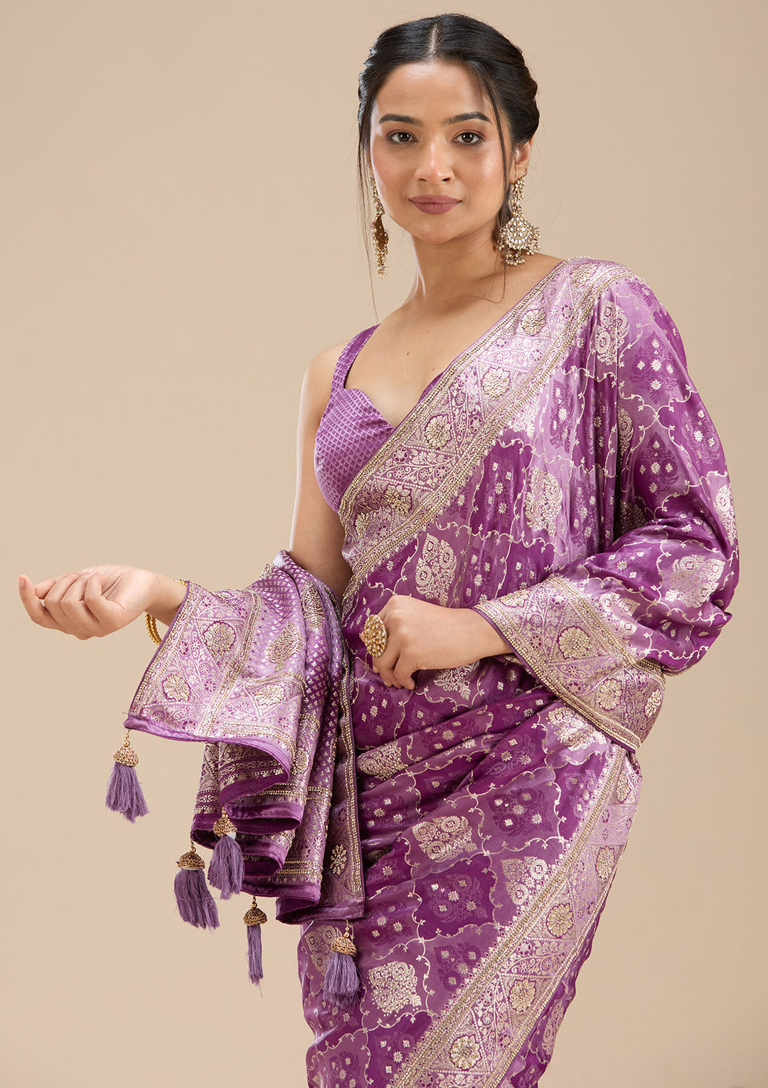Purple Silk Jaal Stonework Saree With Matching Blouse Piece
