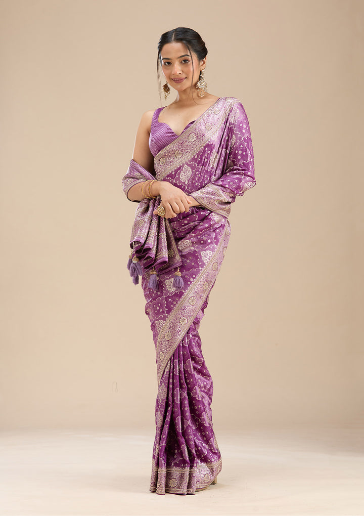Purple Silk Jaal Stonework Saree With Matching Blouse Piece
