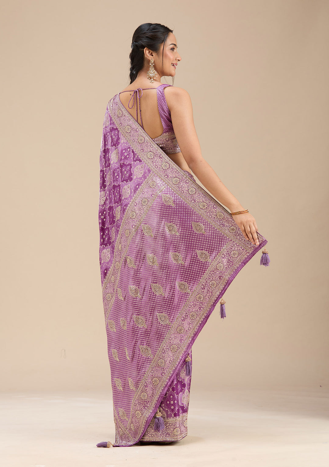 Purple Silk Jaal Stonework Saree With Matching Blouse Piece