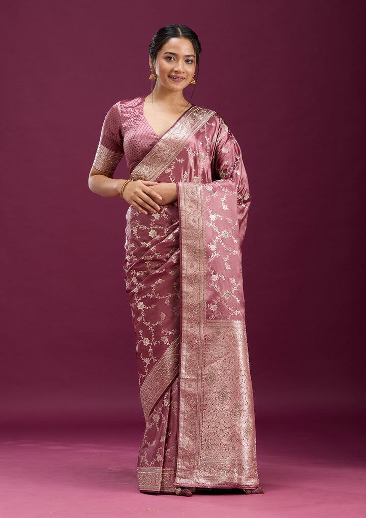 Onion Pink Silk Jaal Stonework Saree With Matching Blouse Piece