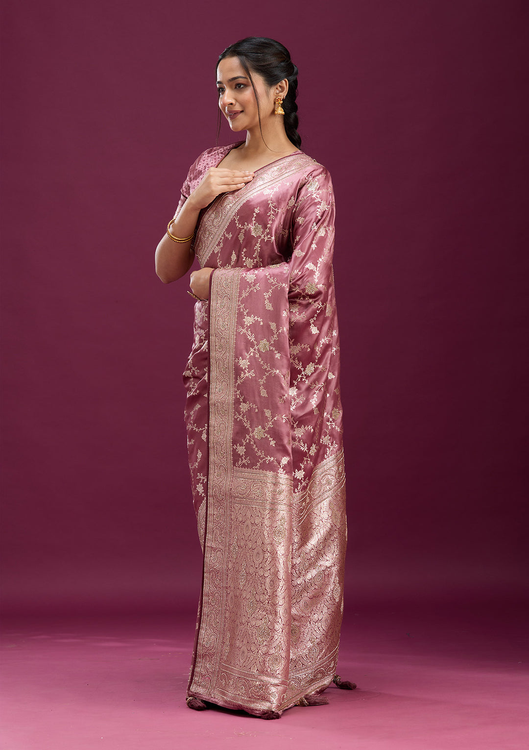 Onion Pink Silk Jaal Stonework Saree With Matching Blouse Piece
